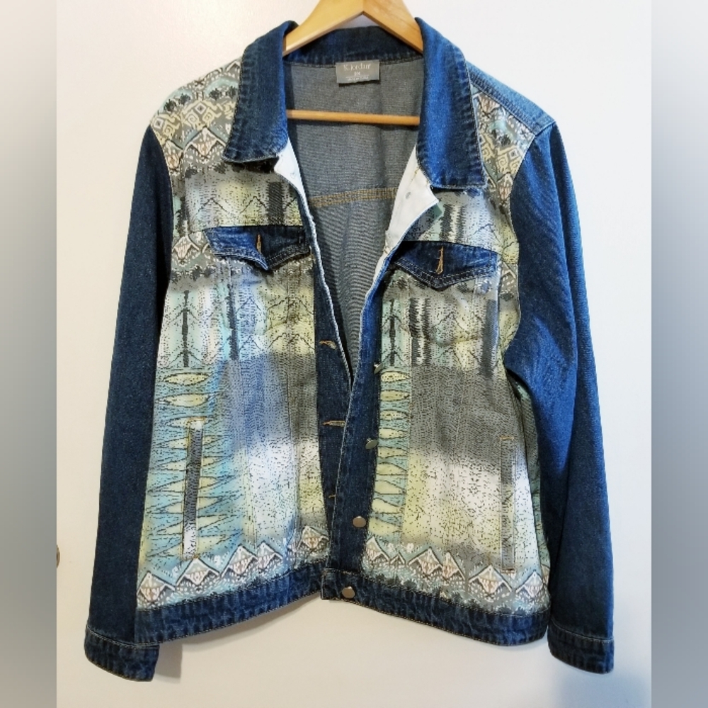 K. Jordan Women's Denim Jacket Buttoned 2X Cotton Geo Gradmacore Teacher Art